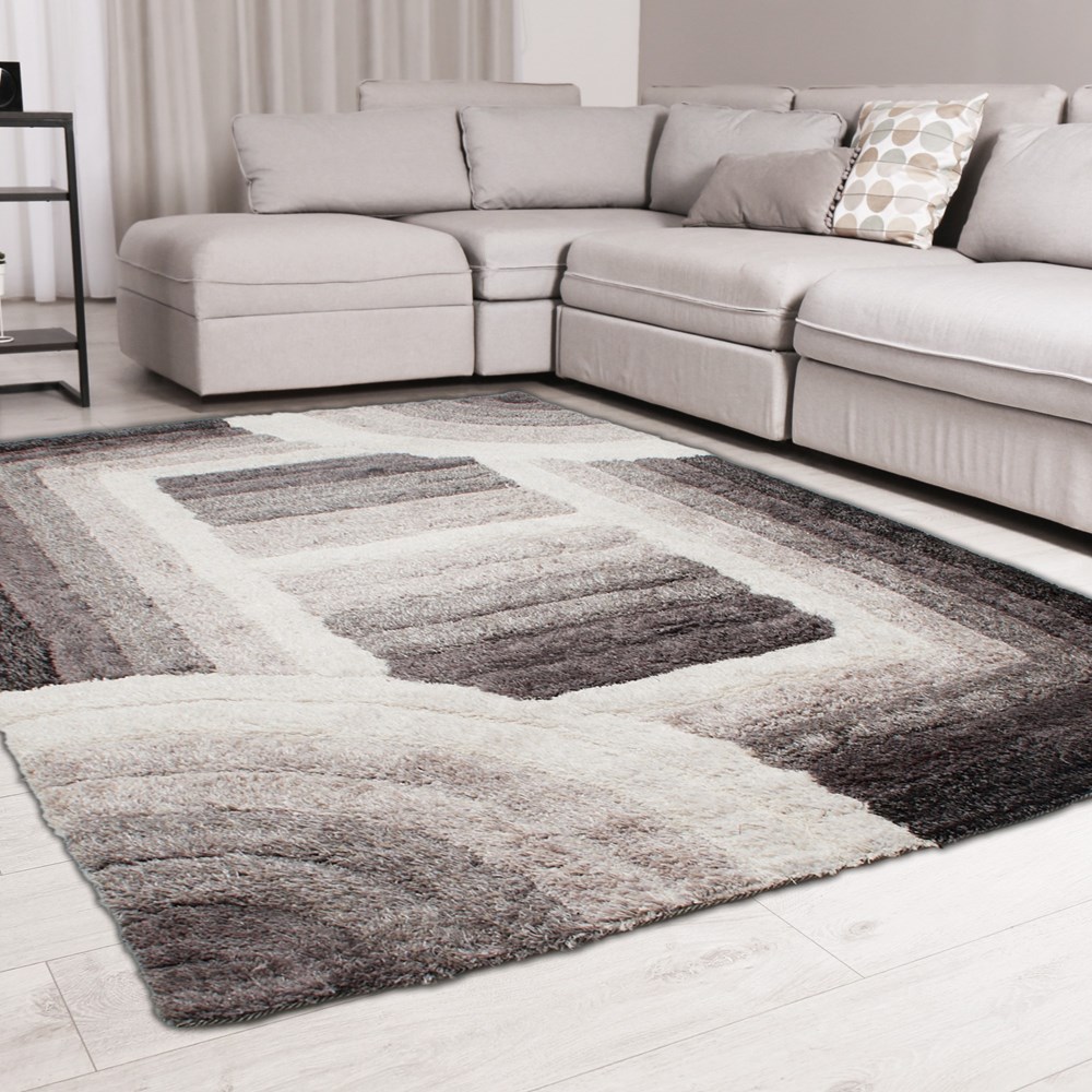 Trellis 3D Shaggy Geometric Modern Rugs in Grey Cream